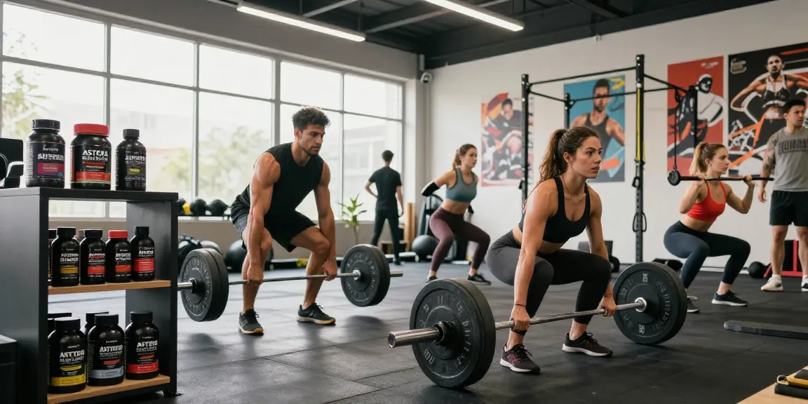 Athletes training in a dynamic gym using Astera Steroid products, showcasing strength and determination.