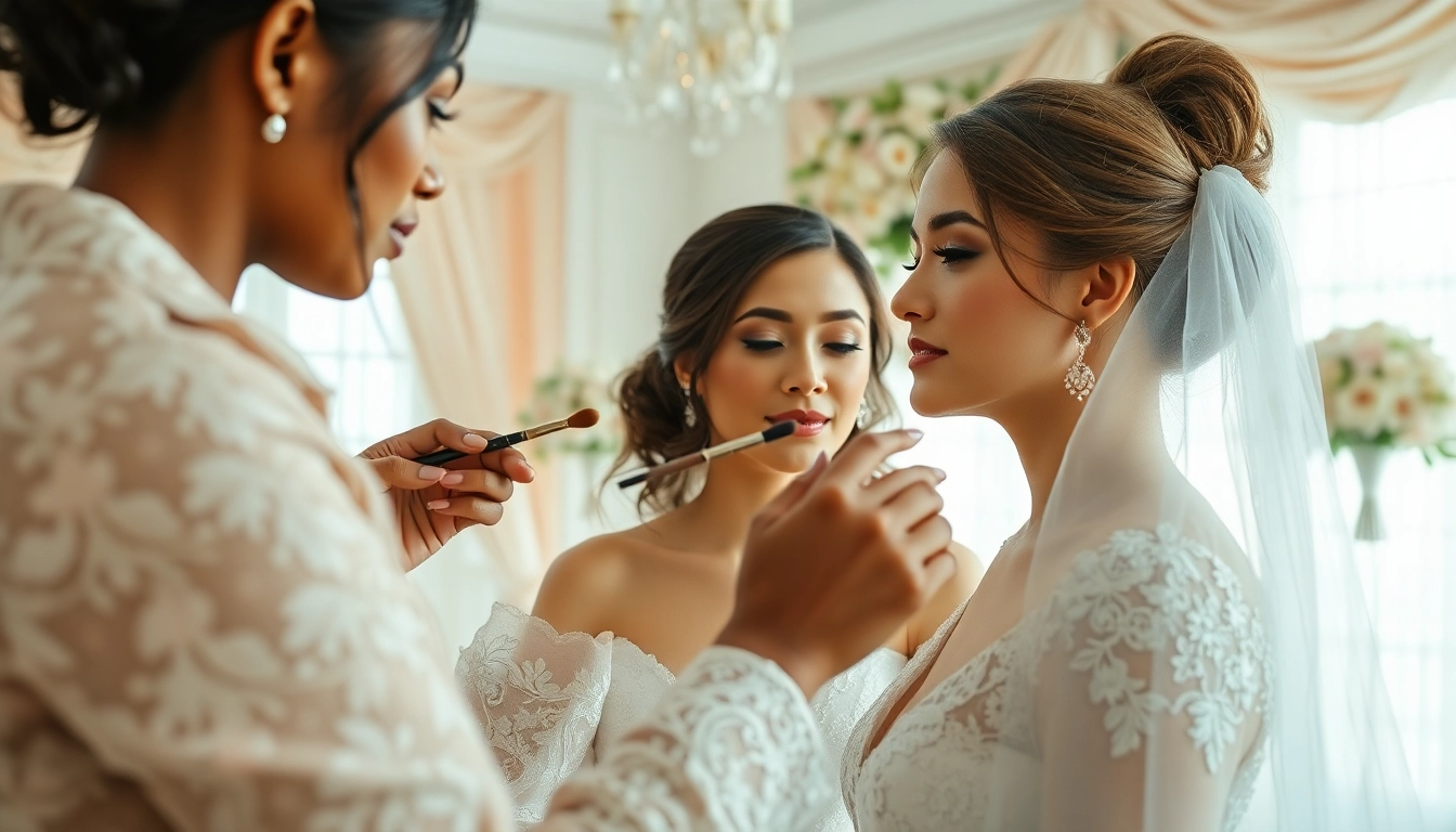Dallas wedding makeup artist enhancing a bride's beauty in a floral wedding setting.