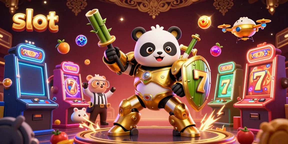 Slot dengan panda emas bertarung, mesin slot berwarna-warni, dan efek cahaya neon