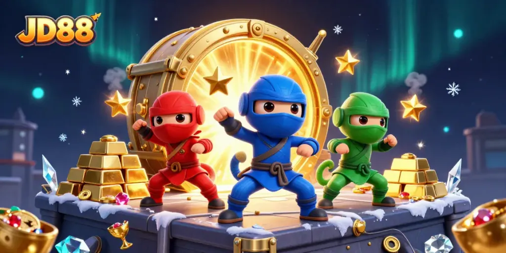 Experience thrilling gameplay with JD88's ninja chameleon champions amidst treasures and casino excitement.