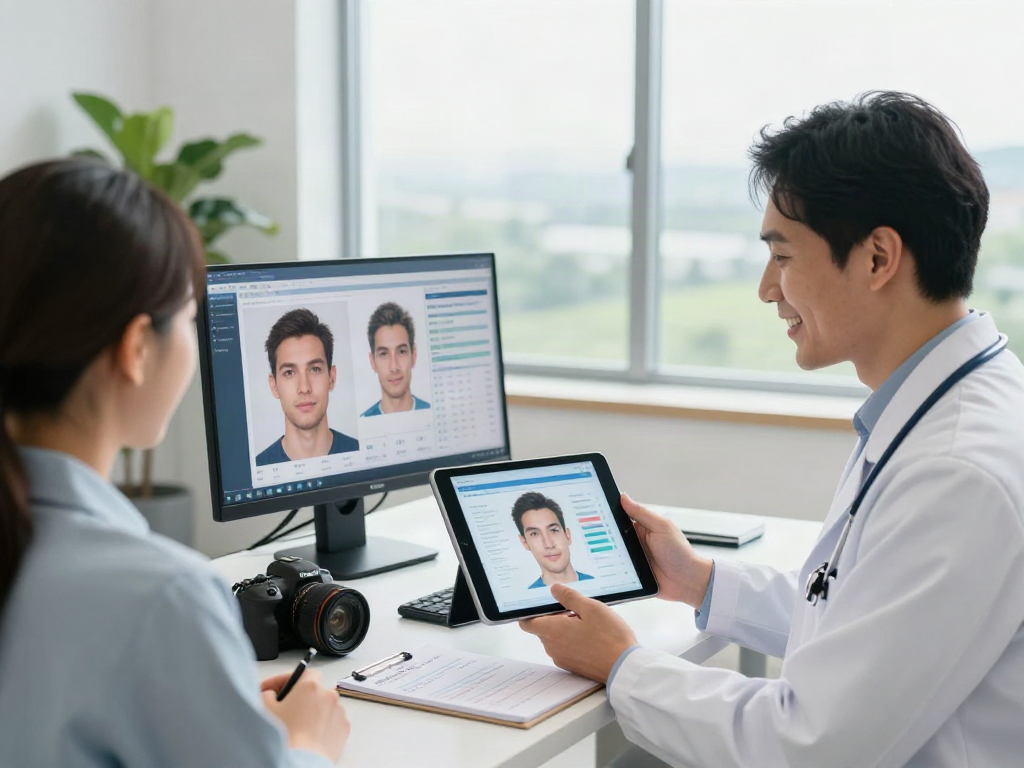 ClinicEvo cheaper than QOVES: Professional consultant analyzing facial reports with a client in a bright office.