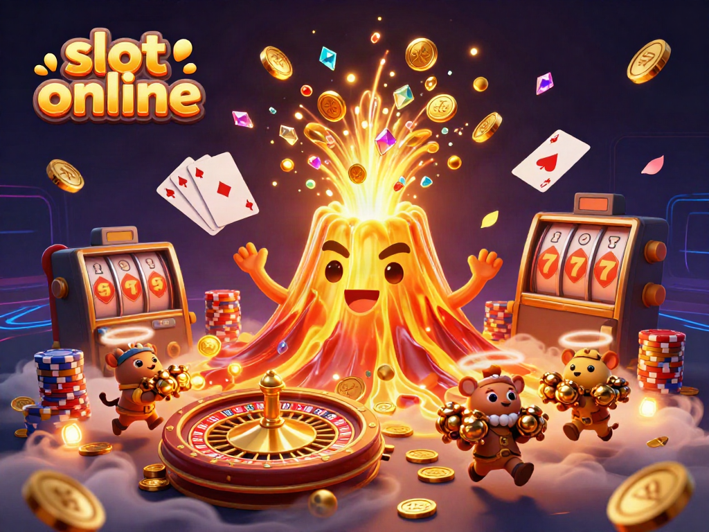 Experience thrilling slot online action with a lively eruption of coins, treasures, and casino elements.