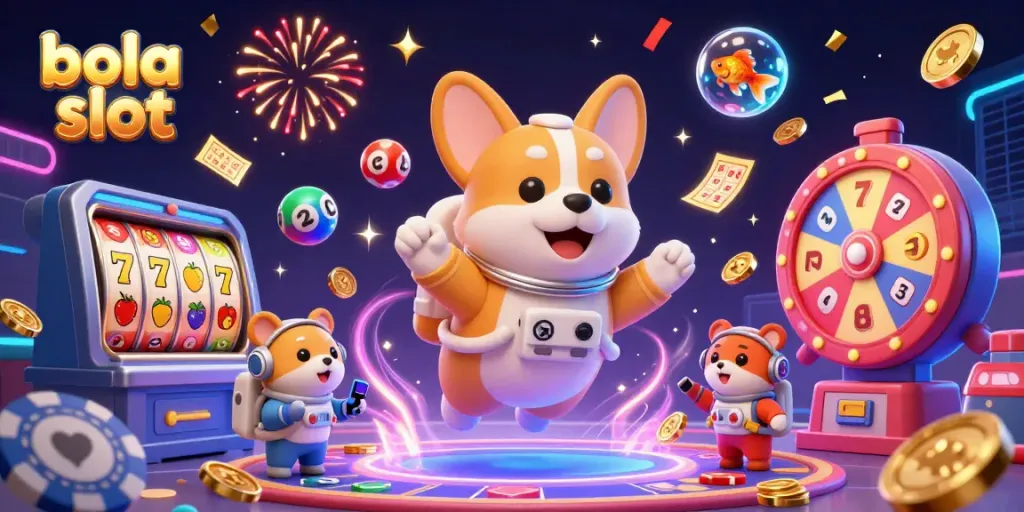 Bola slot casino action featuring a floating corgi astronaut with dynamic game elements in a space setting.