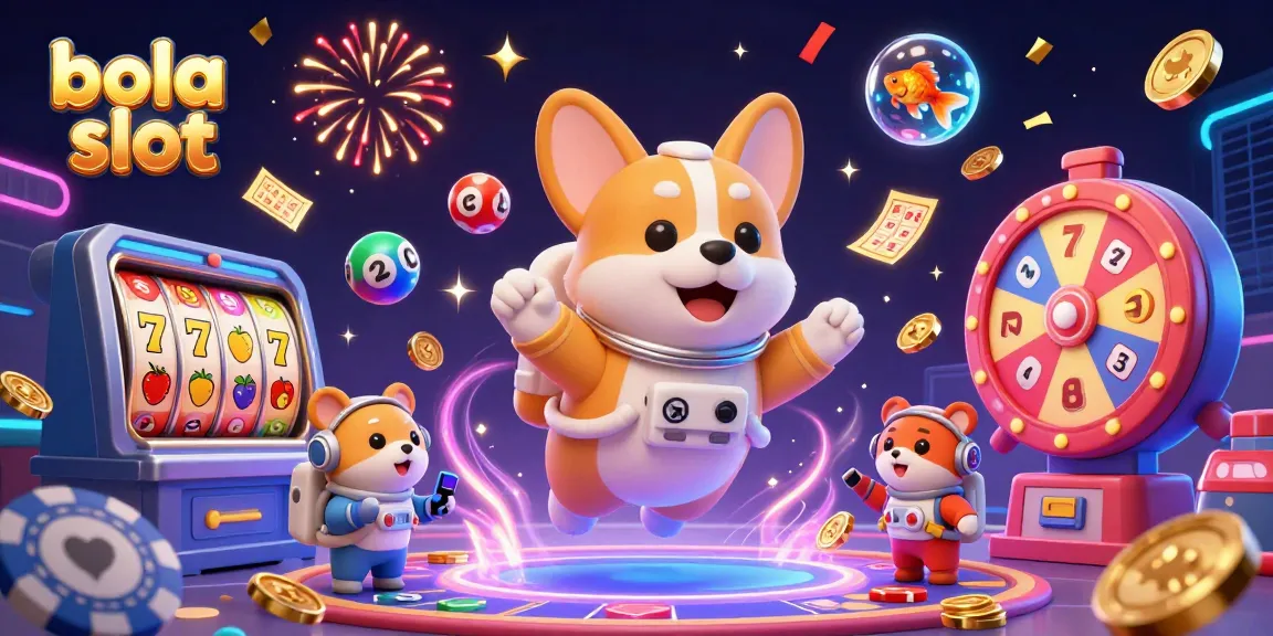 Bola slot casino action featuring a floating corgi astronaut with dynamic game elements in a space setting.