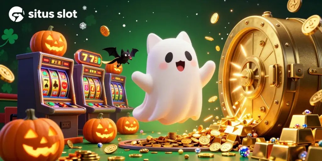 Situs slot showcases a lively casino scene with a ghost cat and bat, surrounded by slot machines and treasures.