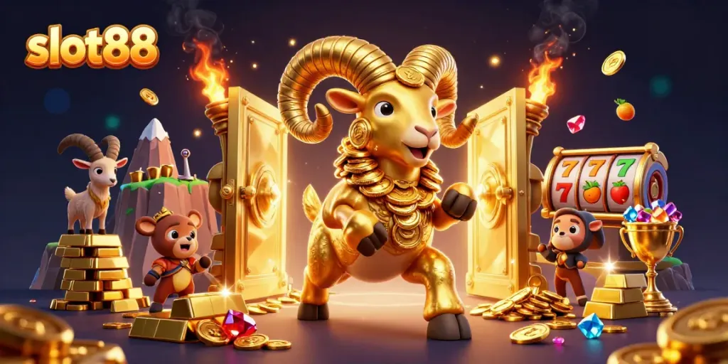 Experience the thrill of slot88 with a dynamic scene of a golden ram charging through a treasure vault.
