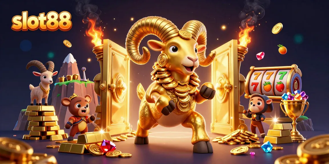 Experience the thrill of slot88 with a dynamic scene of a golden ram charging through a treasure vault.