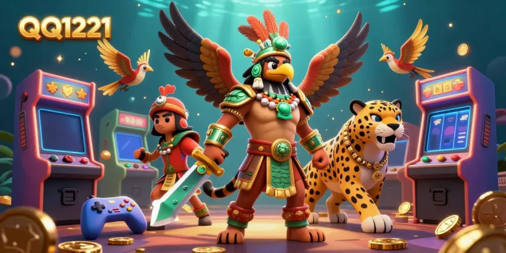 Engage in dynamic gambling action with QQ1221, highlighted by Aztec warriors amidst vivid casino elements.