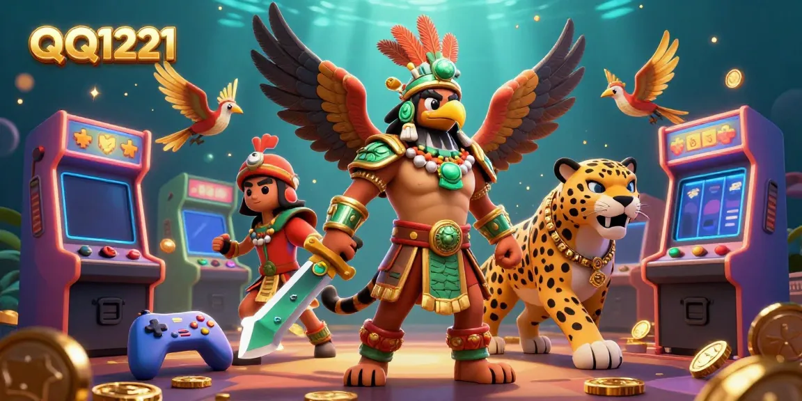 Engage in dynamic gambling action with QQ1221, highlighted by Aztec warriors amidst vivid casino elements.