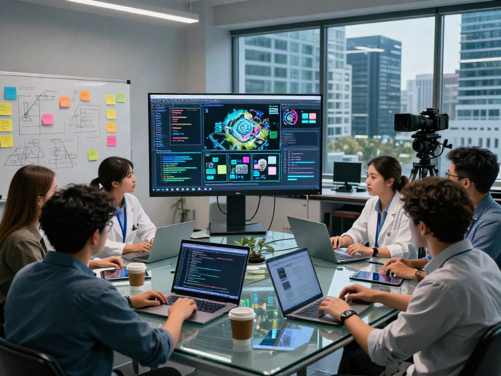 AI Image Detection team analyzing data in a high-tech lab setting.