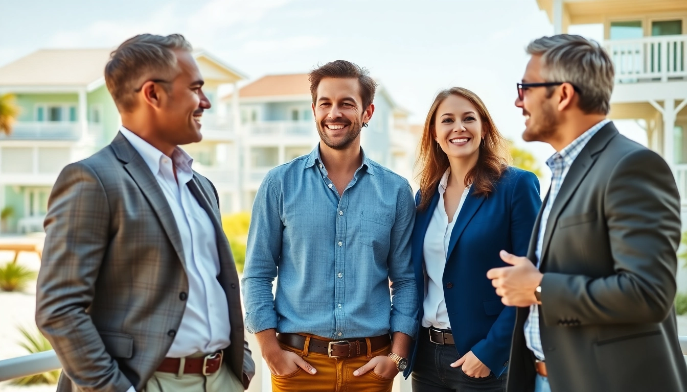 Showcasing top real estate agents Pensacola Florida interacting in a vibrant beachfront setting.