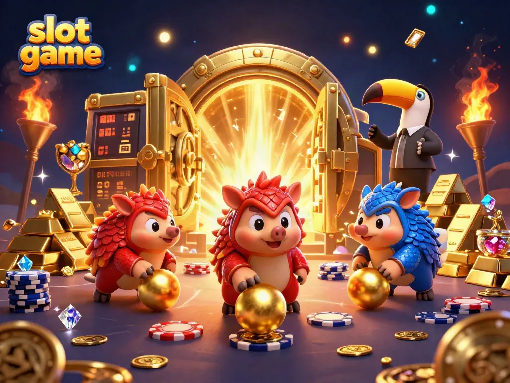 Play exciting slot game with animated pangolins in a vibrant casino scene filled with treasures.