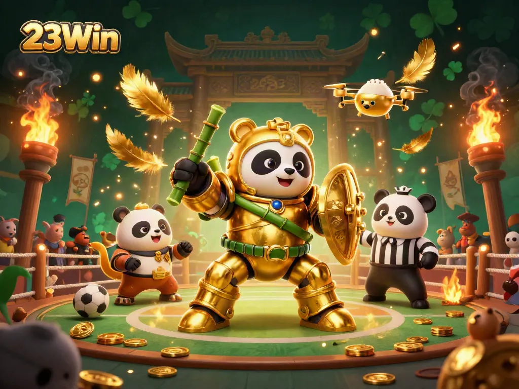 Engage with 23Win's vibrant sports betting arena featuring a mech-suit panda and cheering spectators.