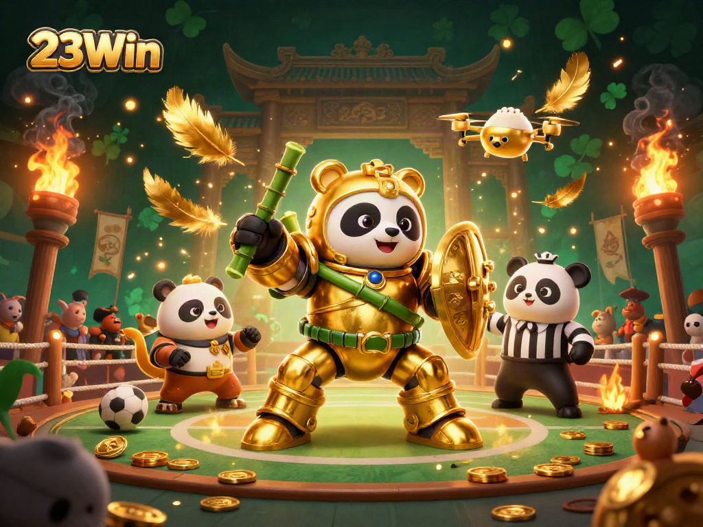 Engage with 23Win's vibrant sports betting arena featuring a mech-suit panda and cheering spectators.