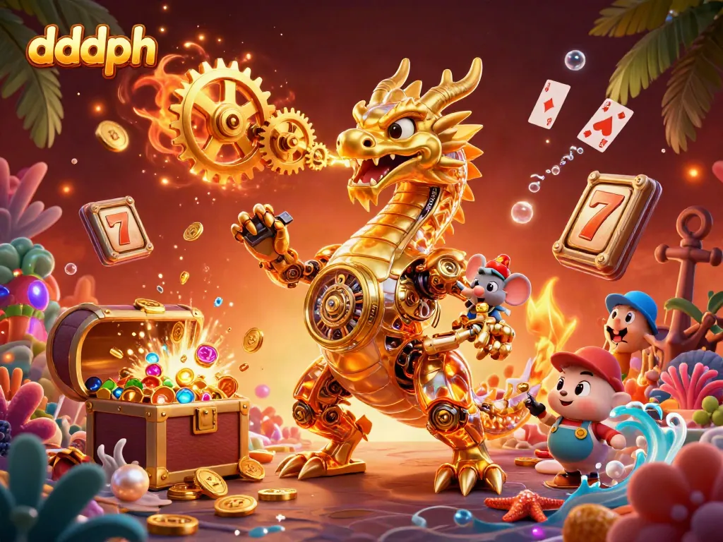 Play thrilling casino games with dddph, featuring a golden dragon and exciting slot symbols.