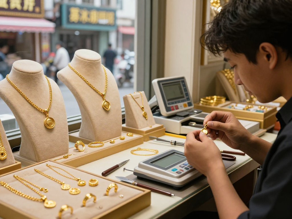 Jewelry shop showcasing 24K gold pieces, emphasizing mantra 88 in elegant display.