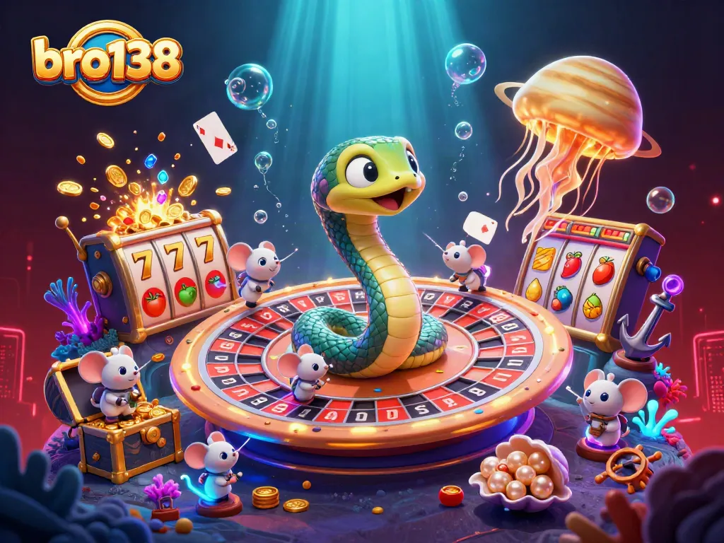 Experience exciting gambling with bro138 as astronaut mice bet on a roulette wheel in this vibrant cosmic casino.