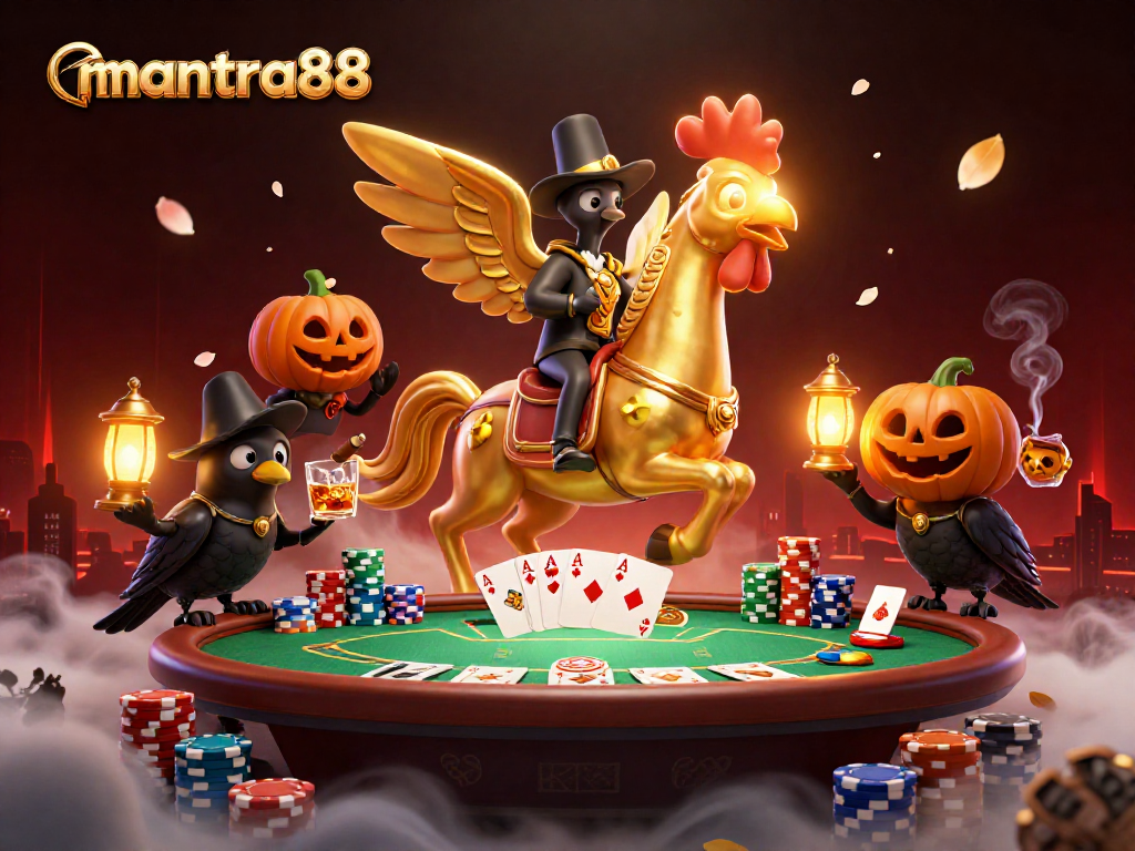 Experience thrilling poker action with mantra88's golden rooster mascot in a vibrant casino scene.
