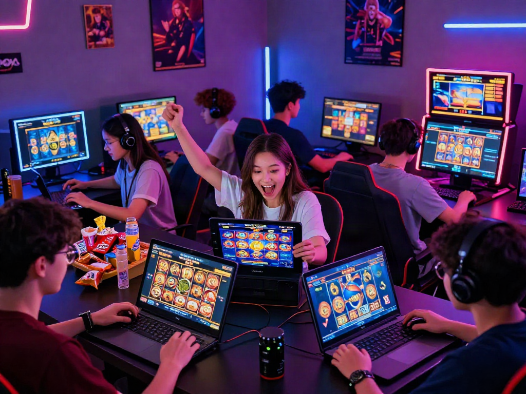 Excited players enjoying slot gacor hari ini games on devices in a vibrant gaming environment, showcasing thrill and community.