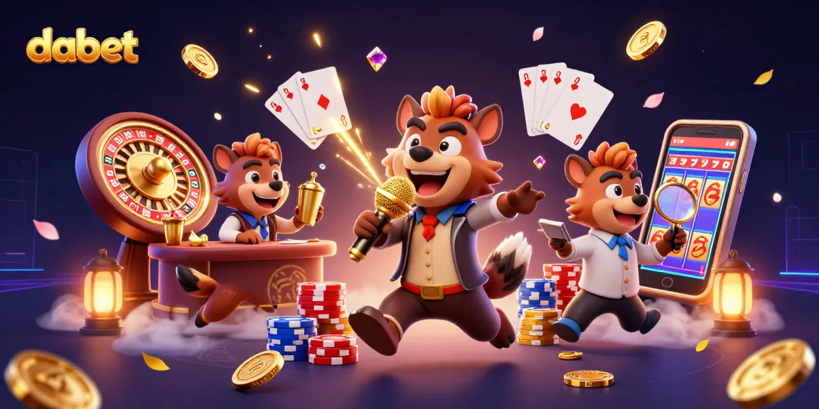 Dabet casino illustration featuring hyenas as bartender, comedian, and bouncer, immersed in gaming action.